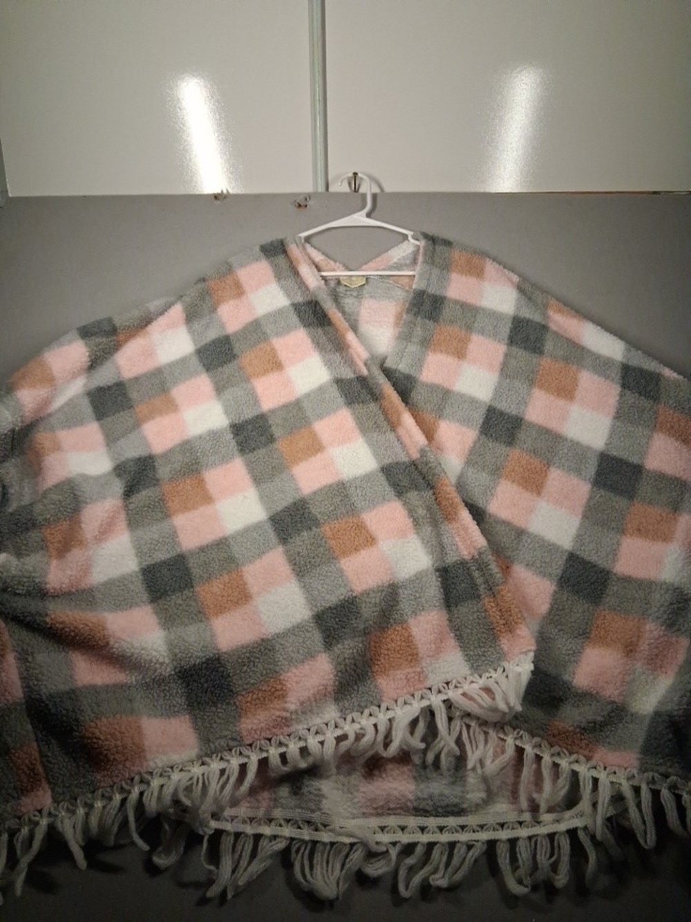 Zoe & Bella Cozy Plaid Fringe Poncho- Pink, Gray & Cream